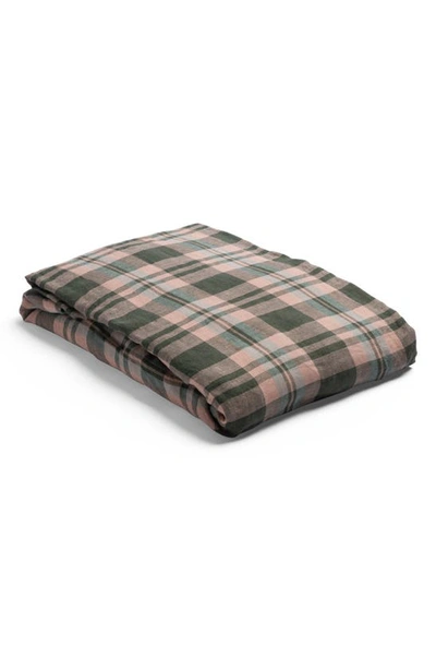 Piglet In Bed Check Linen Flat Sheet In Fern Green Check