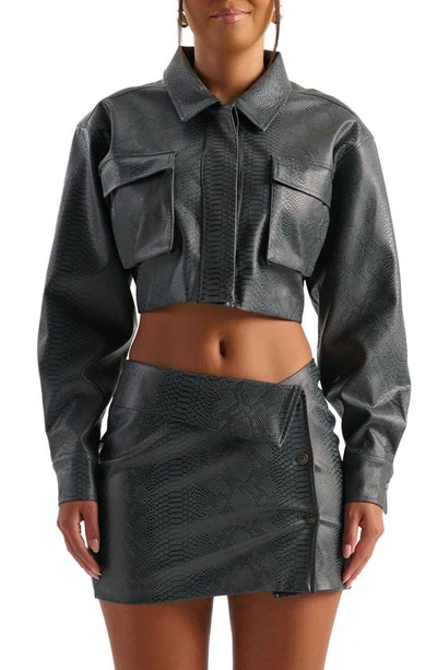 Naked Wardrobe Snakeskin Embossed Faux Leather Crop Cargo Jacket In Dark Grey