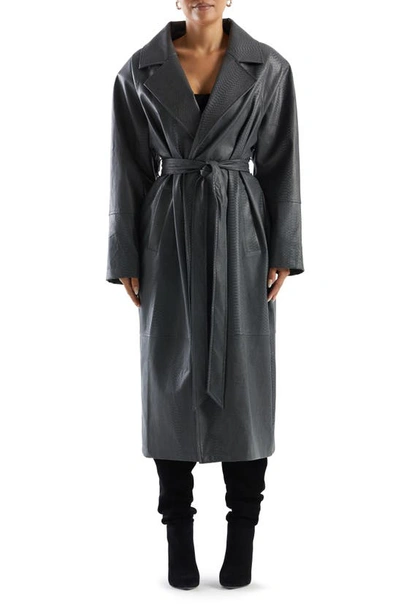 Naked Wardrobe Oversize Snakeskin Print Belted Cocoon Coat In Dark Grey