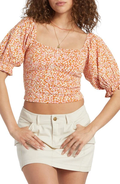 Billabong Floral Pointelle Smocked Back Crop Top In Light Sorbet