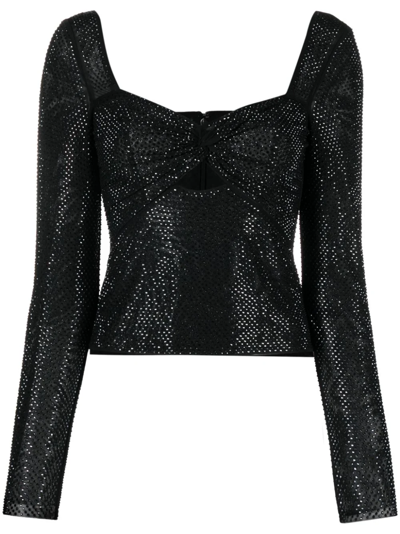 Self-portrait Rhinestone Mesh Long-sleeve Sweetheart Top In Black