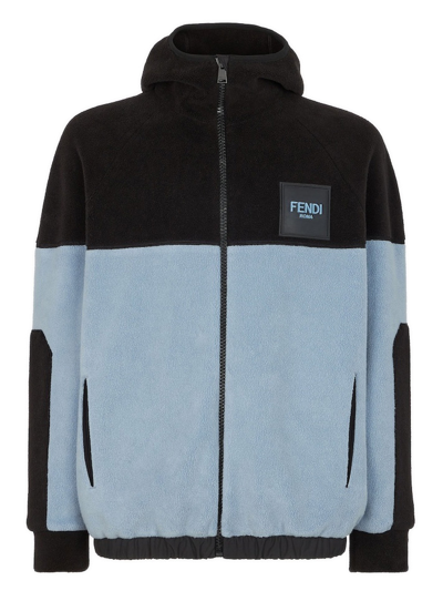 Fendi Fleece Logo Patch Zipped Hoodie In Blue