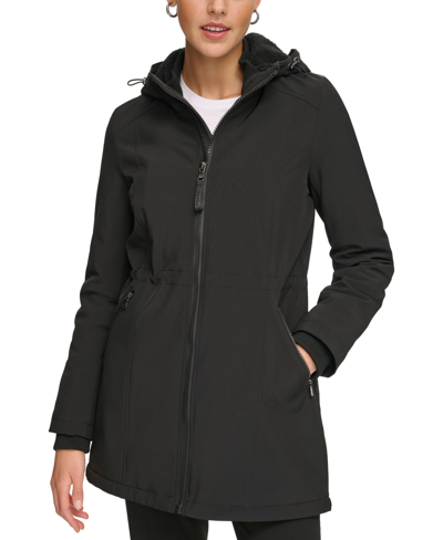 Calvin Klein Womens Petite Hooded Faux-fur-lined Anorak Raincoat In Black