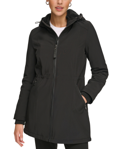 Calvin Klein Women's Petite Hooded Faux-fur-lined Anorak Raincoat In Black