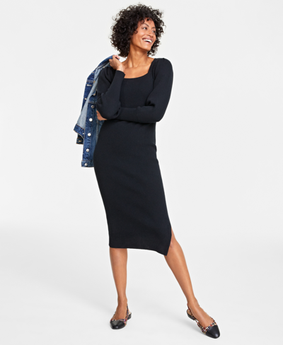 On 34th Women's Square-neck Rib-knit Midi Dress, Created For Macy's In Deep Black