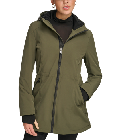 Calvin Klein Womens Plus Size Hooded Faux-fur-lined Anorak Raincoat, Created For Macys In Olivine