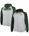 Profile Men's Heather Gray Green Bay Packers Big And Tall Fleece Raglan Full-zip Hoodie Jacket In Heather Gray