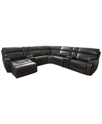 Macy's Hutchenson 132.5" 7-pc. Zero Gravity Leather Sectional With 2 Power Recliners, Chaise And 2 Consoles In Coffee