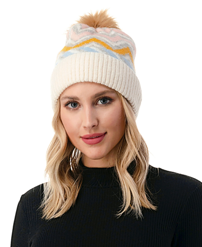 Marcus Adler Women's Chevron Faux Fur Pom Cuff Beanie In Yellow