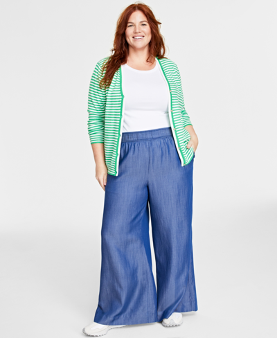 On 34th Plus Size Pull-on Chambray Wide-leg Pants, Created For Macy's In Blue