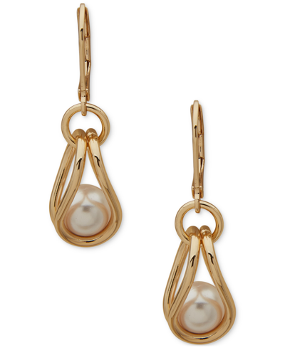Anne Klein Gold-tone Link & Imitation Pearl Drop Earrings