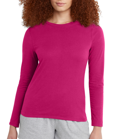 Hanes Women's Lightweight Long Sleeve T-shirt In Sizzling Pink