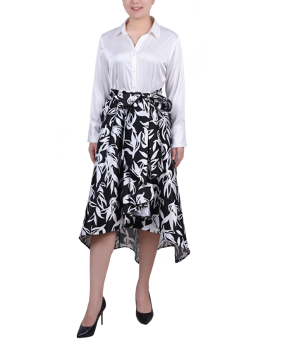 Ny Collection Petite Satin And Mikado High Low Dress In White Black Leaf White