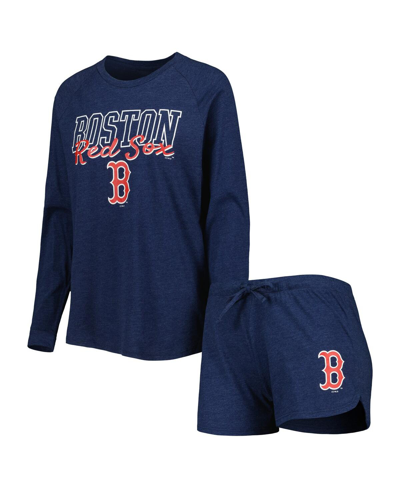 CONCEPTS SPORT WOMEN'S CONCEPTS SPORT HEATHER NAVY BOSTON RED SOX METER KNIT RAGLAN LONG SLEEVE T-SHIRT AND SHORTS 