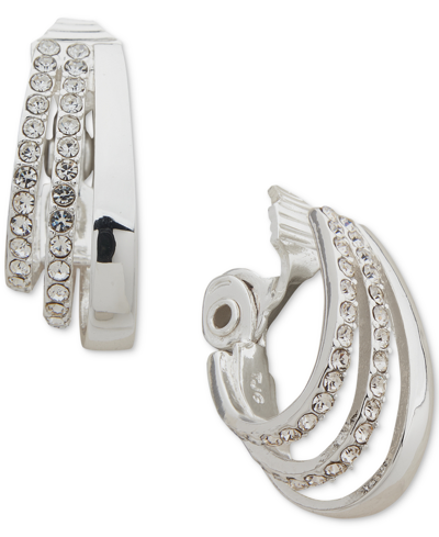 Anne Klein Silver-tone Small Pave Triple-row Clip-on Hoop Earrings In Crystal