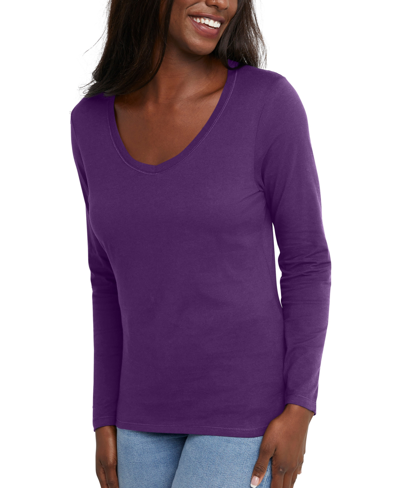 Hanes Women's Lightweight Long Sleeve V-neck Top In Violet Splendor