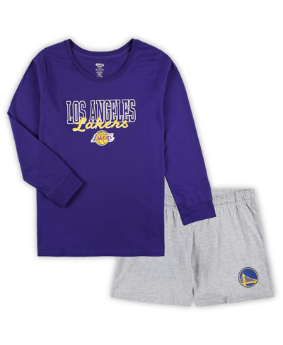 Concepts Sport Purple/heather Gray Los Angeles Lakers Plus Size Long Sleeve T-shirt And Shorts Sleep In Purple,heather Gray
