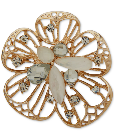 Anne Klein Gold-tone Mixed Stone Cluster Flower Pin In Crystal