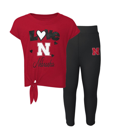 Outerstuff Babies' Preschool Girls Scarlet, Black Nebraska Huskers Forever Love T-shirt And Leggings Set In Scarlet,black