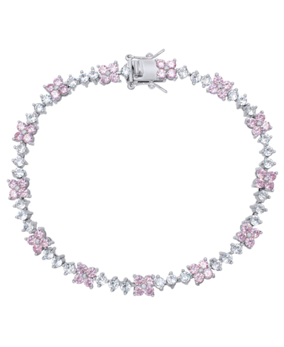 Macy's Pink Cubic Zirconia Flower Bracelet In Silver