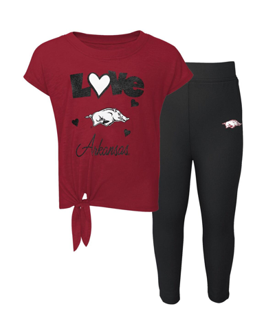 Outerstuff Babies' Preschool Girls Cardinal, Black Arkansas Razorbacks Forever Love T-shirt And Leggings Set In Cardinal,black