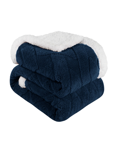 Superior Reversible Jacquard Lattice Fleece Plush Sherpa Blanket In Navy Blue