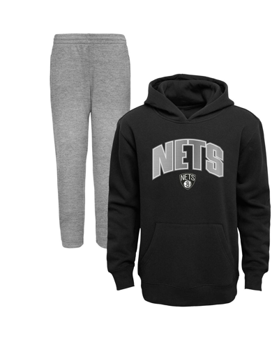 Outerstuff Babies' Preschool Boys Black, Heather Gray Brooklyn Nets Double Up Pullover Hoodie And Pants Set In Black,heather Gray