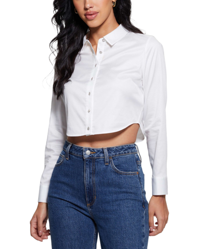 Guess Women's Sami Beaded-button Long-sleeve Cropped Shirt In Pure White