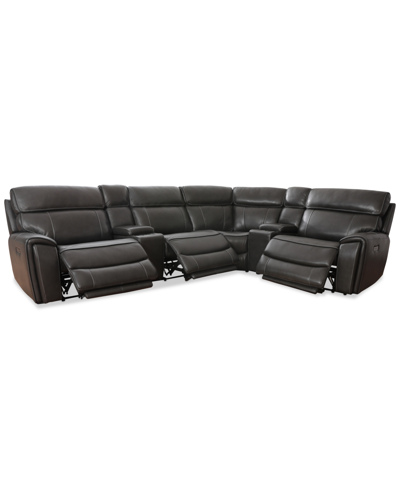 Macy's Closeout! Hutchenson 132.5" 6-pc. Zero Gravity Leather Sectional With 3 Power Recliners And 2 Consol In Coffee