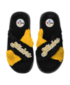 FOCO WOMEN'S FOCO BLACK PITTSBURGH STEELERS TWO-TONE CROSSOVER FAUX FUR SLIDE SLIPPERS