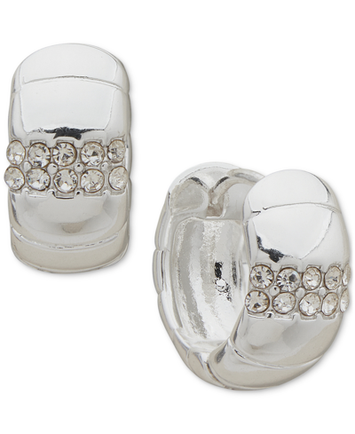Anne Klein Silver-tone Small Pave Textured Huggie Hoop Earrings, 0.6" In Crystal