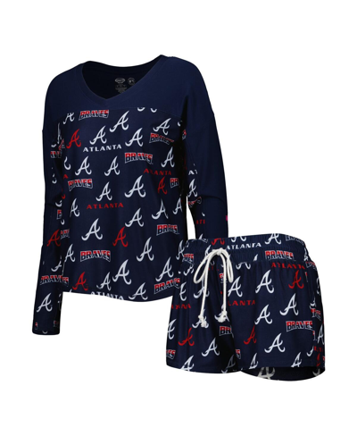Concepts Sport Women's  Navy Atlanta Braves Breakthrough Allover Print Long Sleeve V-neck T-shirt And