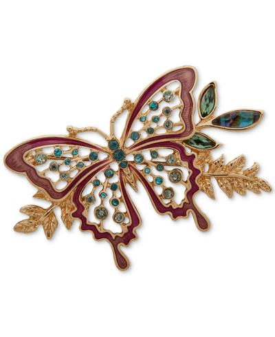 Anne Klein Gold-tone Mixed Stone Openwork Butterfly Pin In Multi