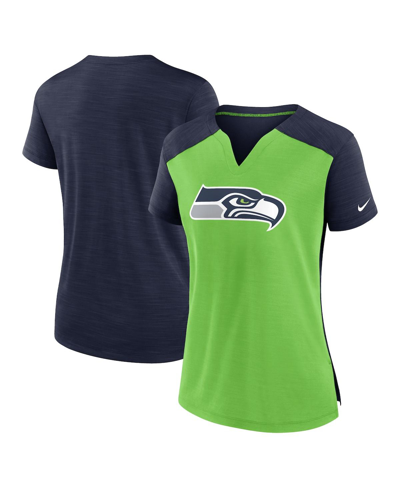 NIKE WOMEN'S NIKE NEON GREEN, COLLEGE NAVY SEATTLE SEAHAWKS IMPACT EXCEED PERFORMANCE NOTCH NECK T-SHIRT