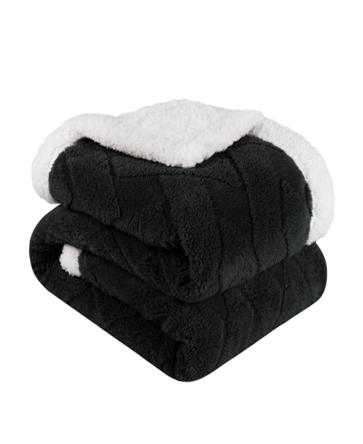 Superior Reversible Jacquard Lattice Fleece Plush Sherpa Blanket In Black