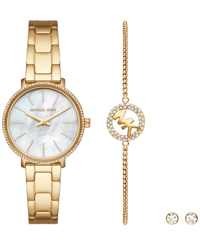 Michael Kors Women's Pyper Two-hand Gold-tone Stainless Steel Bracelet Watch 32mm And Earrings Set, 3 Pieces