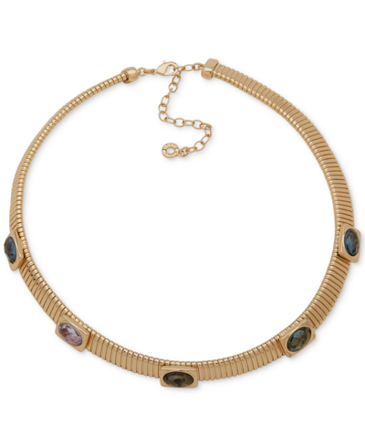Anne Klein Gold-tone Mixed Stone Tile Chain Collar Necklace, 16" + 3" Extender In Multi