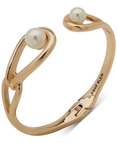 Anne Klein Gold-tone Link & Imitation Pearl Cuff Bracelet In Crystal