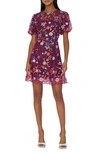 MILLY YASMIN FLORAL EMBROIDERED PUFF SLEEVE MESH FIT & FLARE DRESS