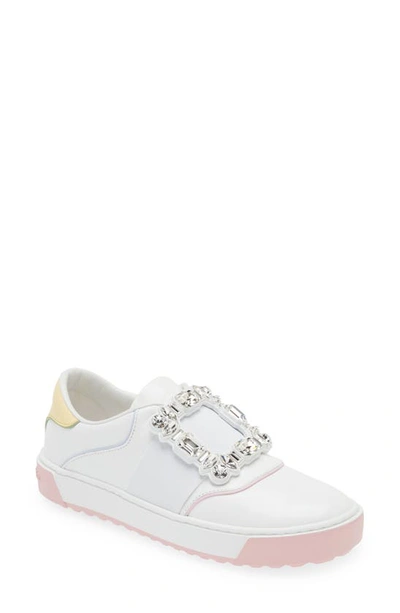 Roger Vivier Very Vivier Colourblock Crystal-buckle Slip Trainers In White,pink