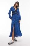Topshop Floral Long Sleeve Button-up Midi Dress In Mid Blue