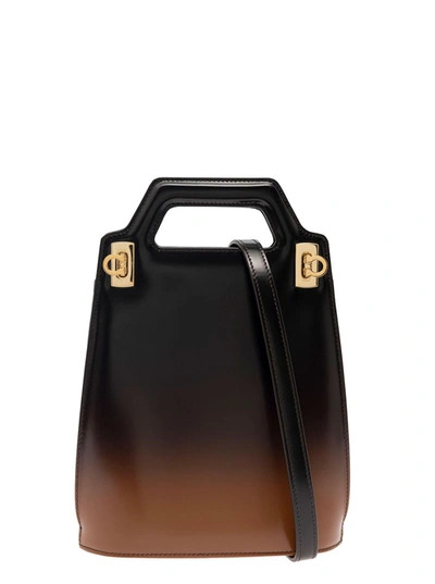 Ferragamo 'wanda' Mini Black And Brown Handbag With Airbrushing In Leather Woman