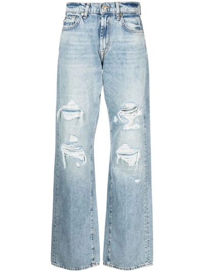 7 For All Mankind High-waisted Straight-leg Ripped Jeans In Blue
