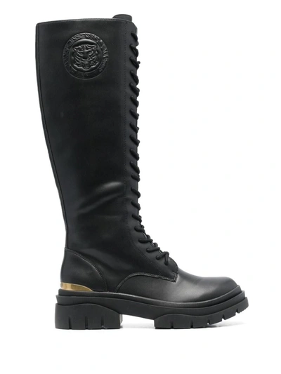 Just Cavalli Embossed-logo Lace-up Boots In Black