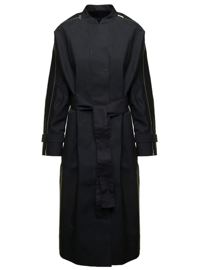 Ferragamo Long Blue Trench Coat With Matching Belt And Zip In Cotton Blend Woman In Black