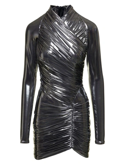 Ferragamo Mini Silver-colored Gathered Dress In Laminated Fabric Woman