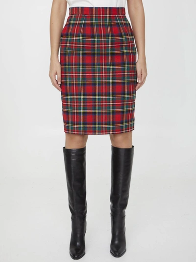 Saint Laurent Tartan Pencil Skirt In Rouge,multi