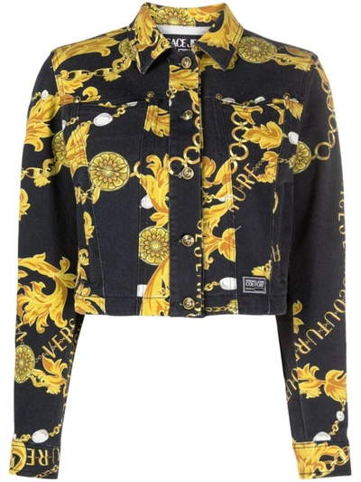 Versace Jeans Couture Barocco-print Cropped Denim Jacket In Black