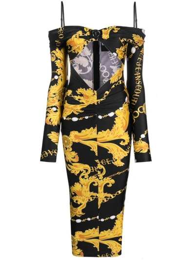 Versace Jeans Couture Barocco-print Cut-out Midi Dress In Black