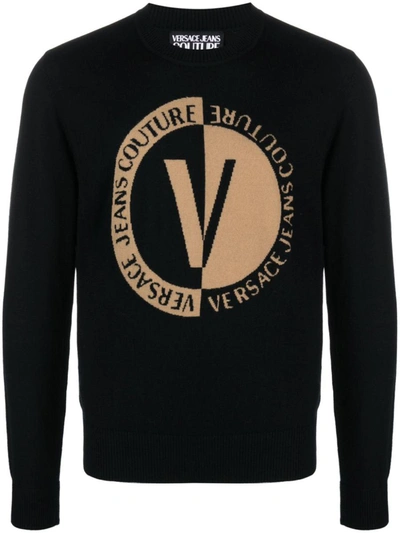 Versace Jeans Couture Contrasting Logo Sweater In Wool In Black